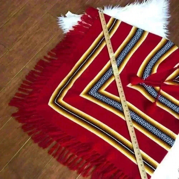 VTG 60s 70s acrylic knit chevron red poncho yellow white black with fringe - Picture 4 of 5